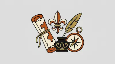Flat illustration of a rolled map, a fleur-de-lis, a quill in an inkwell, and a compass on a light gray background