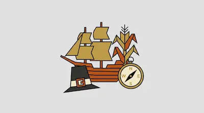 Flat illustration of a wooden sailing ship, a pilgrim hat, a compass, and corn stalks on a light gray background