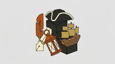 Flat illustration of a tricorn hat, a sailing ship, a quill pen, and a lantern on a light grey background