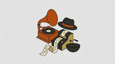 Flat illustration of a vintage gramophone, a black fedora hat, and a ticker tape machine on a light gray background
