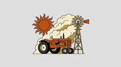 Flat illustration of an orange tractor, a tall windmill, and a bright sun against a cream cloud on a gray background