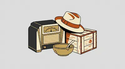 Flat illustration of a vintage radio, a fedora hat on a wooden crate, and a small bowl on a gray background