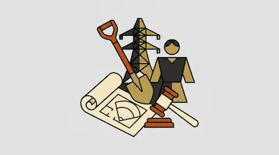 Flat illustration of a shovel, a power line tower, a blueprint, and a judge gavel on a light grey background