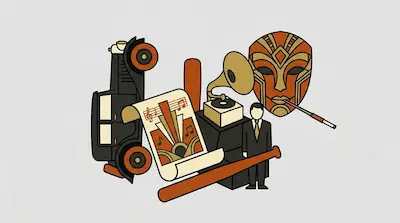 Flat illustration of 1920s items including a vintage car, a gramophone, a mask, and a man in a suit