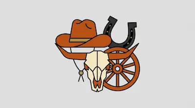 Flat illustration of a cowboy hat, a longhorn bull skull, a horseshoe, and a wooden wagon wheel on a gray background