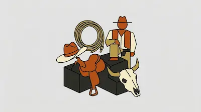 Flat illustration of cowboy gear including a lasso, saddle, hat, and bull skull arranged on dark geometric blocks