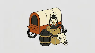 Flat illustration of a pioneer wagon, a wooden barrel, a lit lantern, and a bull skull on a plain light background
