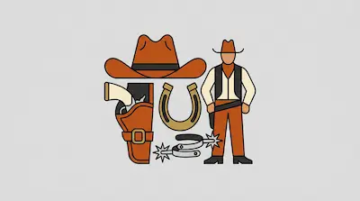 Flat illustration of a cowboy figure, a large brown hat, a horseshoe, and a pistol in a holster on a gray background