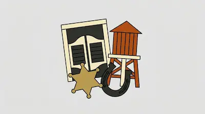 Flat illustration of wild west icons including saloon doors, a water tower, a sheriff star, and a horseshoe