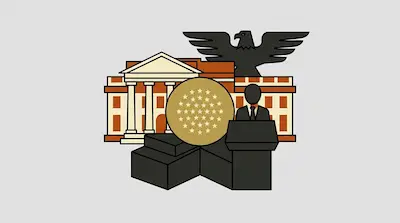 A person stands at a podium in front of a building with columns, a gold circle with stars, and a black eagle.