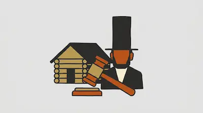 A stylized illustration of Abraham Lincoln in a stovepipe hat, a log cabin, and a judge's gavel.