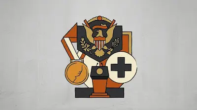 A presidential seal with an eagle, a medal on a ribbon, a podium, and a healthcare cross symbol in bold geometric style.