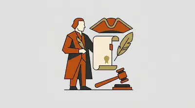 A man in 18th-century attire stands next to a scroll, a tricorn hat, a quill, and a gavel.