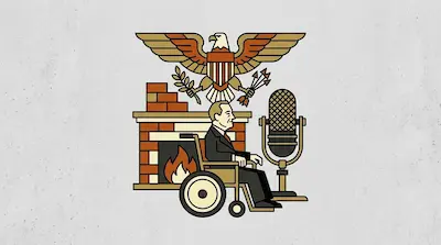 A suited figure in a wheelchair beside a brick fireplace, a vintage radio microphone, and an American eagle clutching arrows and an olive branch.