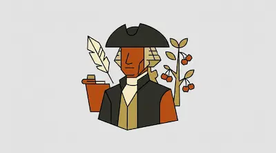 A man in a tricorne hat and 18th-century clothing stands between a quill pen and a cherry tree.