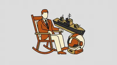 A man in a suit sits in a rocking chair next to a battleship and an astronaut helmet.