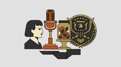 Flat illustration of a woman, a vintage microphone, a jar of jelly beans, and a presidential seal on a gray background