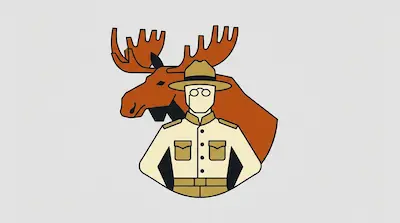 A person in a tan uniform and wide-brimmed hat stands in front of a large orange moose head.