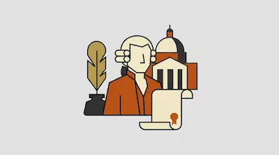 Flat illustration of a man in a wig with a quill, inkwell, scroll, and a domed building on a gray background