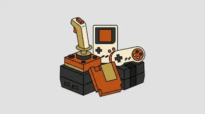 A collection of retro gaming equipment including a joystick, handheld console, and controller in orange and cream colors.