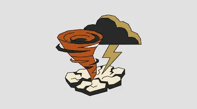Flat illustration of an orange tornado, a dark storm cloud with lightning, and cracked earth on a gray background
