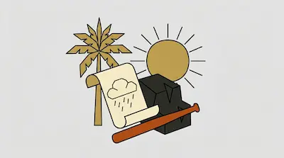 Flat illustration of a palm tree, a sun, a baseball bat, and a scroll with a rain cloud icon on a light gray background