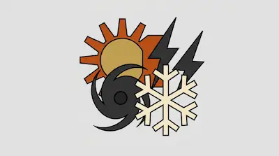 Flat illustration of weather symbols including a sun, lightning bolts, a snowflake, and a hurricane swirl
