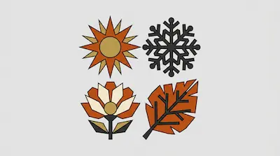 Flat illustration of four seasonal icons including a sun, a snowflake, a flower, and an autumn leaf on a gray background