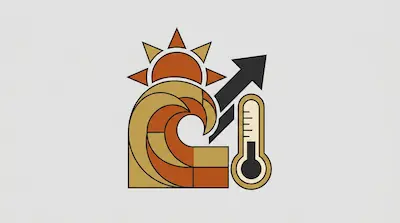 Flat illustration of a stylized sun, a cresting wave, and a thermometer with an upward arrow on a gray background