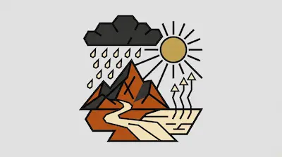 Flat illustration of the water cycle featuring a dark rain cloud, brown mountains, a winding river, and a bright sun