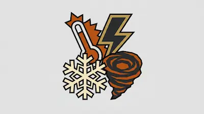 Flat illustration of weather icons including a thermometer, lightning bolt, snowflake, and tornado on a gray background