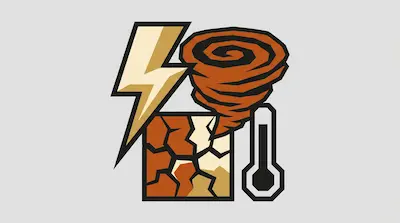 Flat illustration of natural disaster icons including a lightning bolt, a tornado, cracked earth, and a thermometer.