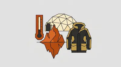 Flat illustration of a winter parka, a thermometer, an iceberg, and a geodesic dome on a light gray background