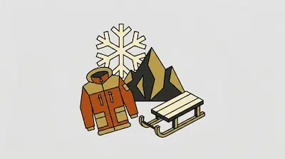 Flat illustration of an orange winter parka, a wooden sled, and a large snowflake against a mountain peak