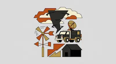Flat illustration of a storm chaser truck with a satellite dish, a dark tornado, and a weather vane on a gray background