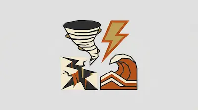 Flat illustration of natural disasters including a tornado, a lightning bolt, a cracked earth, and a tidal wave