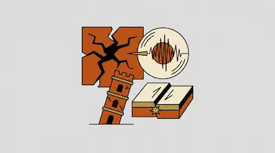Flat illustration of earthquake symbols including a cracked square, a seismograph, a leaning tower, and a fault line