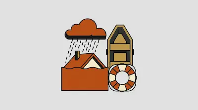 Flat illustration of a house submerged in flood water under a rain cloud, next to a rescue boat and a lifebuoy.