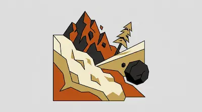 Flat illustration of a jagged orange mountain range with a single pine tree and a large black boulder on a gray background