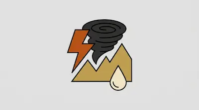 Flat illustration of a dark tornado, an orange lightning bolt, and tan mountains with a water drop on a gray background
