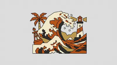 Flat illustration of a large stylized wave crashing near a lighthouse, a palm tree, and a buoy in warm earth tones.