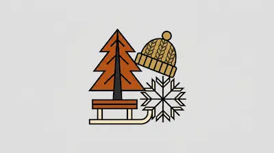 Flat illustration of a brown pine tree on a wooden sled next to a knit beanie and a large snowflake on a gray background