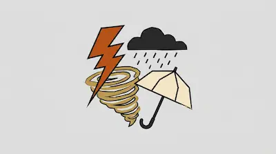 Flat illustration of a lightning bolt, a dark rain cloud, a tornado, and an umbrella on a light grey background