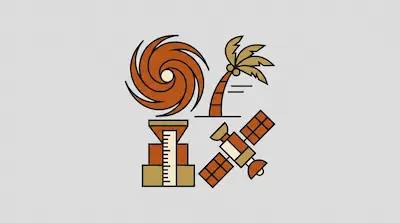 Flat illustration of a hurricane swirl, a leaning palm tree, a rain gauge, and a satellite on a grey background