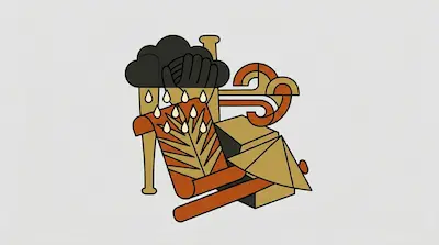 Flat illustration of a rain cloud, a hand, and a palm leaf scroll in earthy tones on a light gray background