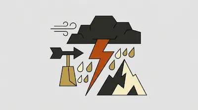Flat illustration of a dark storm cloud with an orange lightning bolt, rain drops, and a mountain on a gray background