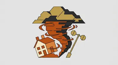 Flat illustration of a brown tornado funnel destroying a house and a street lamp under dark clouds on a gray background