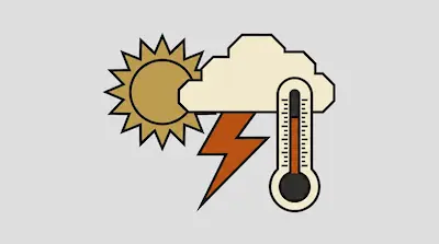 Flat illustration of weather icons including a sun, a cloud with a lightning bolt, and a thermometer on a gray background