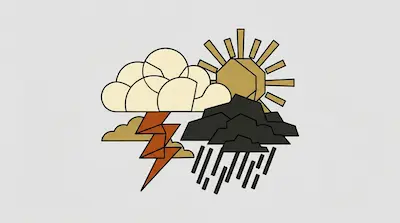 Flat illustration of weather icons including a golden sun, a dark rain cloud, and a lightning bolt on a grey background