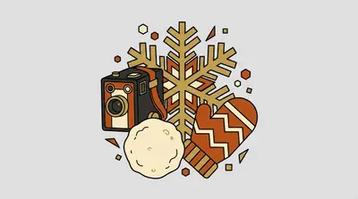 A large six-sided snowflake behind an old box camera, a round snowball, and a knitted striped mitten.